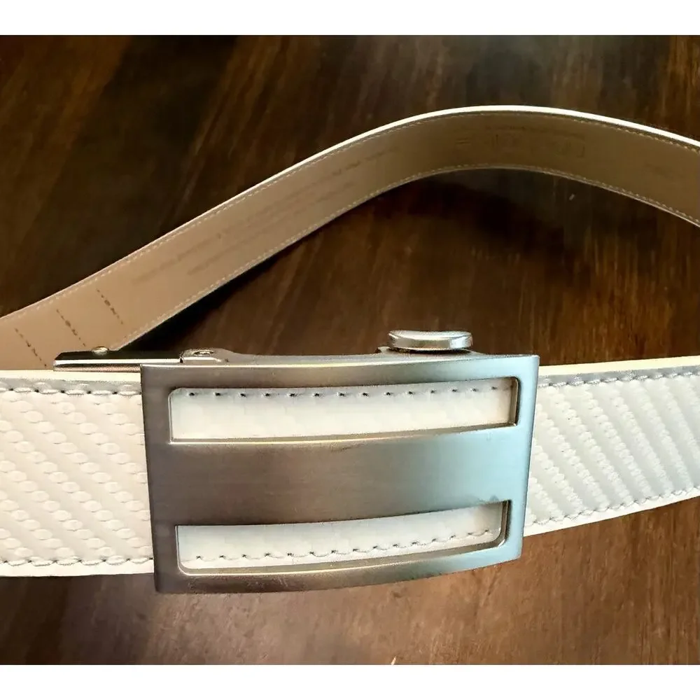 X-21 NWOT Nexbelt Go-In White Genuine Leather Golf Belt Silver Buckle Up To 37 L